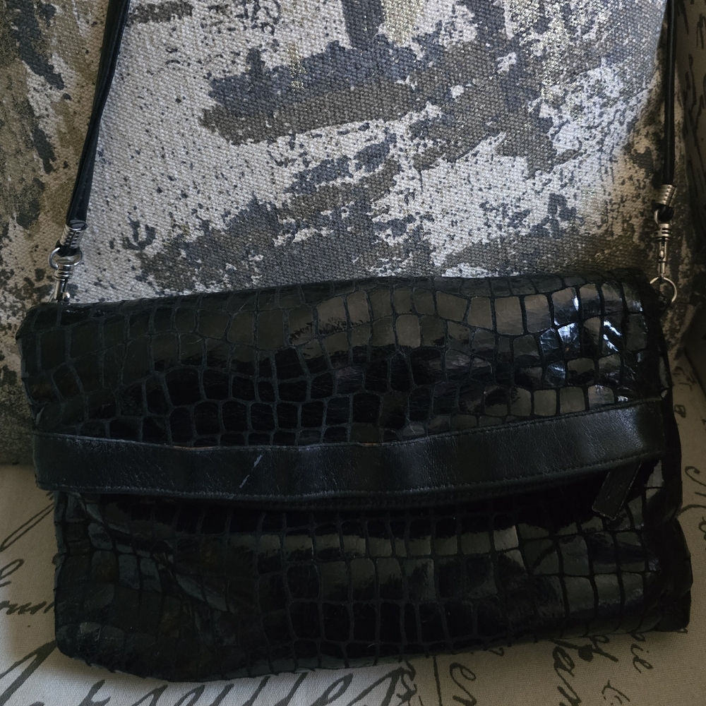 Bags By Pinky Leather Fold Over Croc Embossed Design In Used Condition